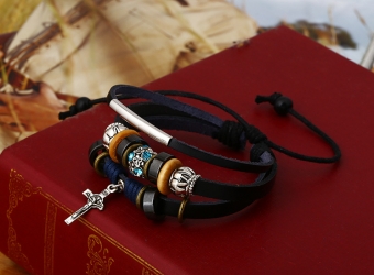 Браслет кожа с крестиком ручная работа арт.2167